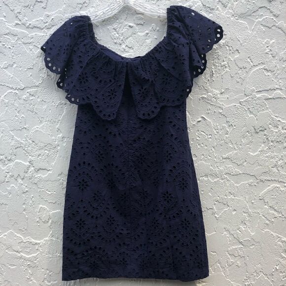 CYNTHIA STEFFE Blue Eyelett Off Shoulder Dress 0 - Picture 6 of 13